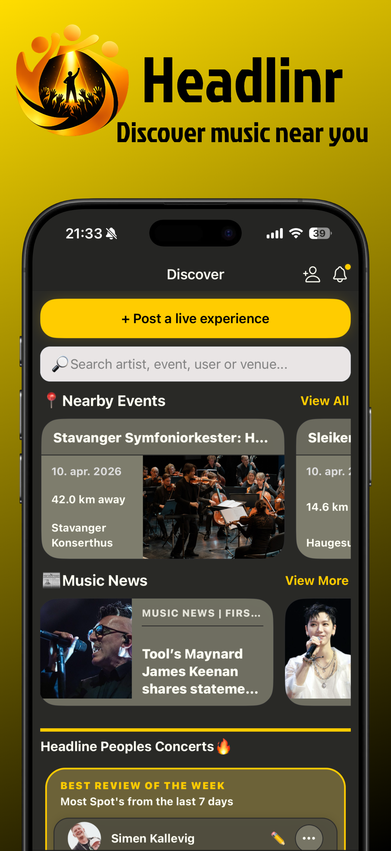Headlinr Discover screen showing nearby concerts and music news
